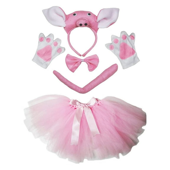 Petitebelle Cutie Pig Headband Bowtie Tail Gloves Tutu 5pc Costume (Pink, 5-10 Years)