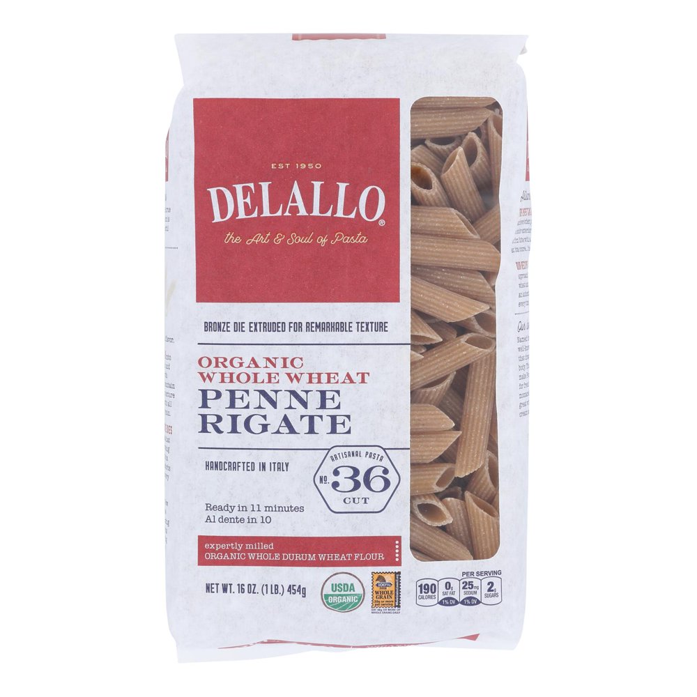 (Case of 16 ) Delallo Organic Whole Wheat Penne Rigate Pasta 1 lb