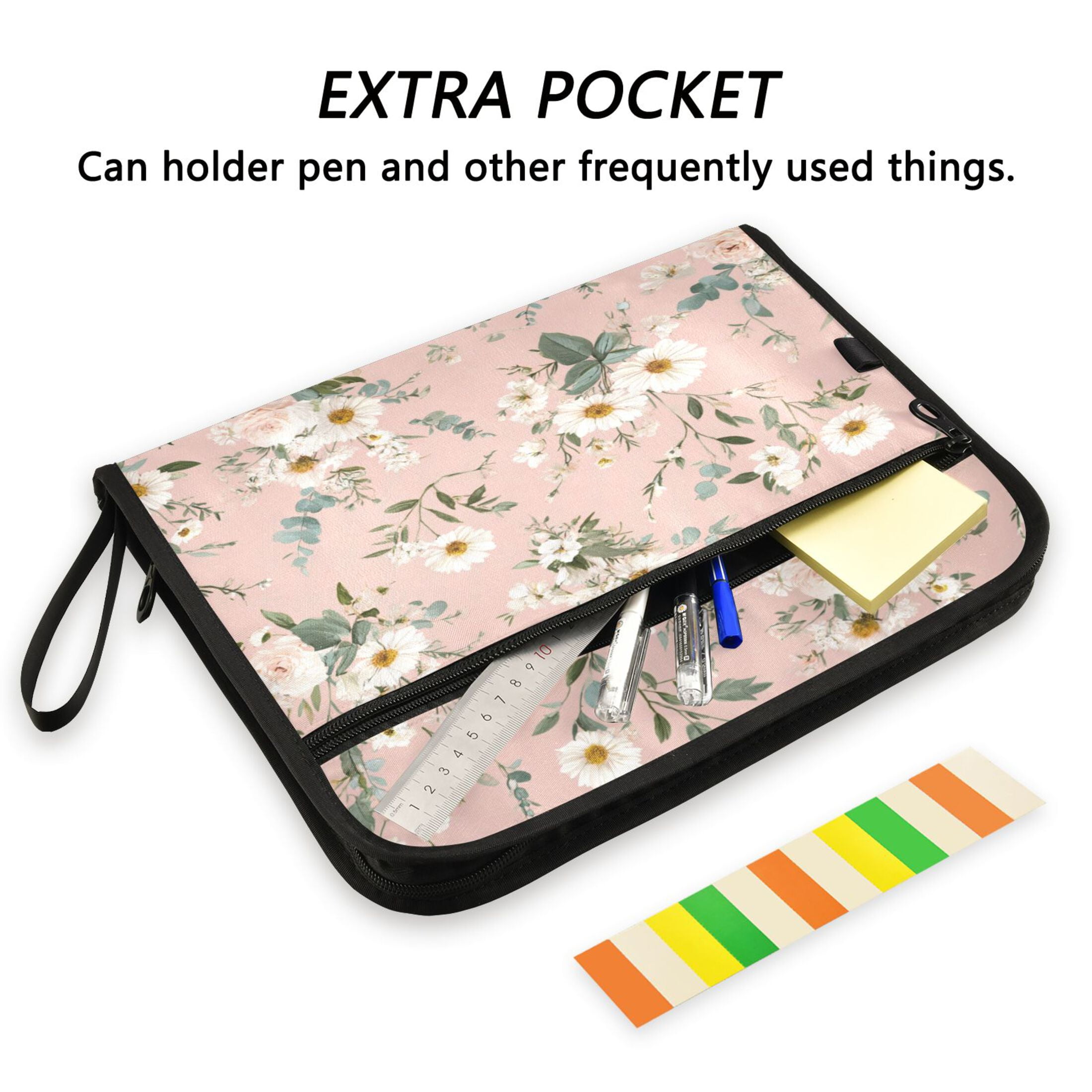 Accordion File Organizer with Zip Closure 13 Pockets Expanding File Folder Letter A4 Paper Document Organizer for Home Office Small White and Pink Flowers