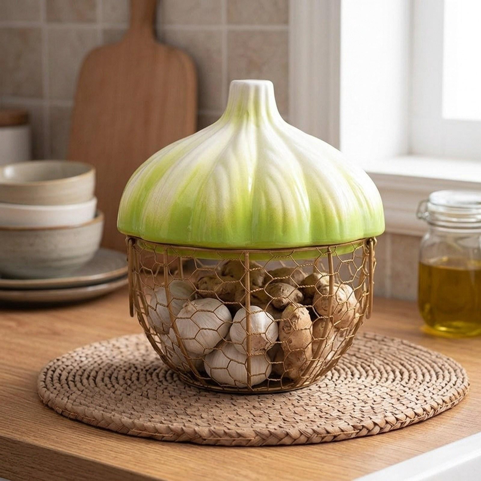 Fiocias Ceramic Holder Breathable Portable with Lid Egg Basket for Fruit Home Pantry Green