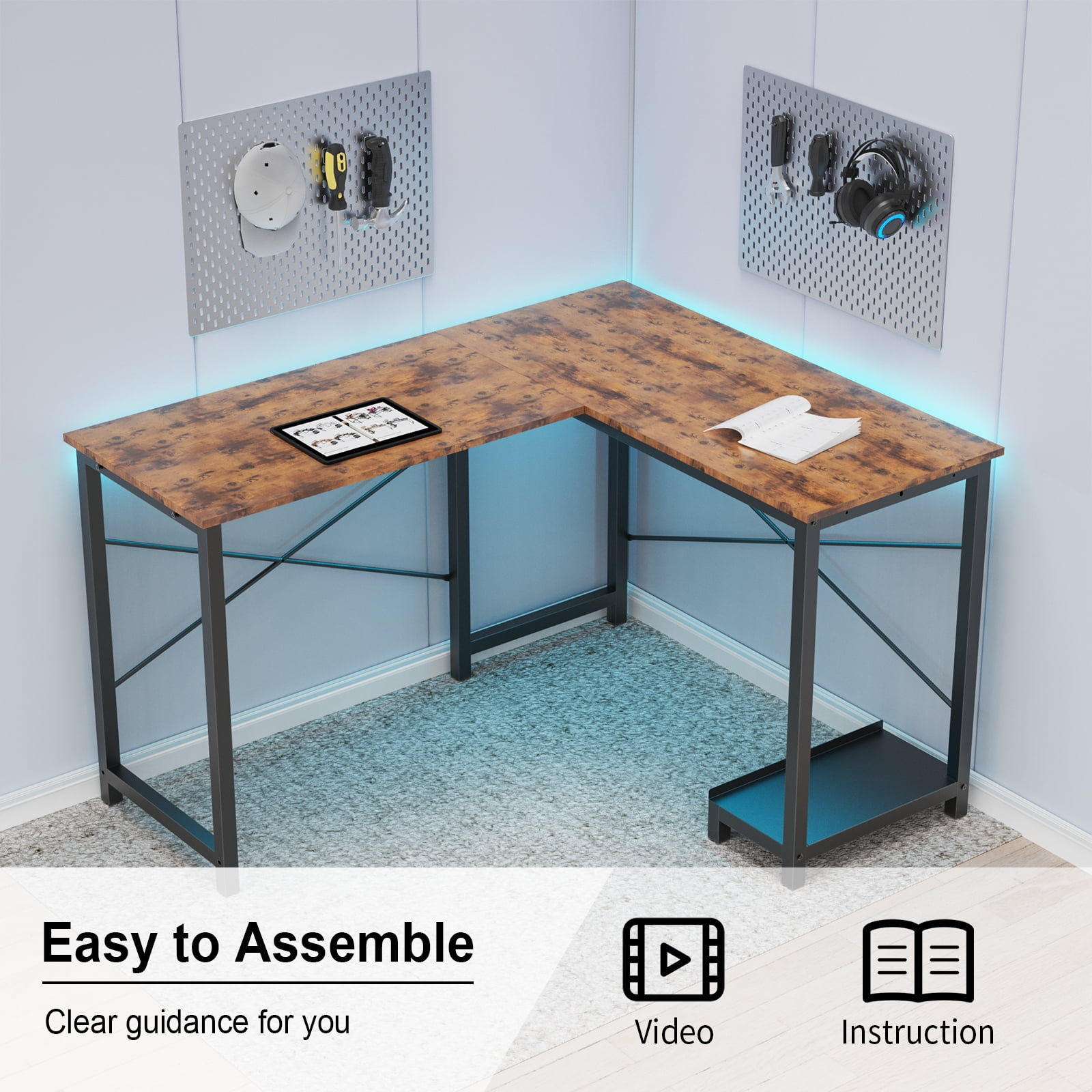 MAYEERTY L Shaped Computer Desk Study Writing Desk with CPU Stand Side Bag, Black