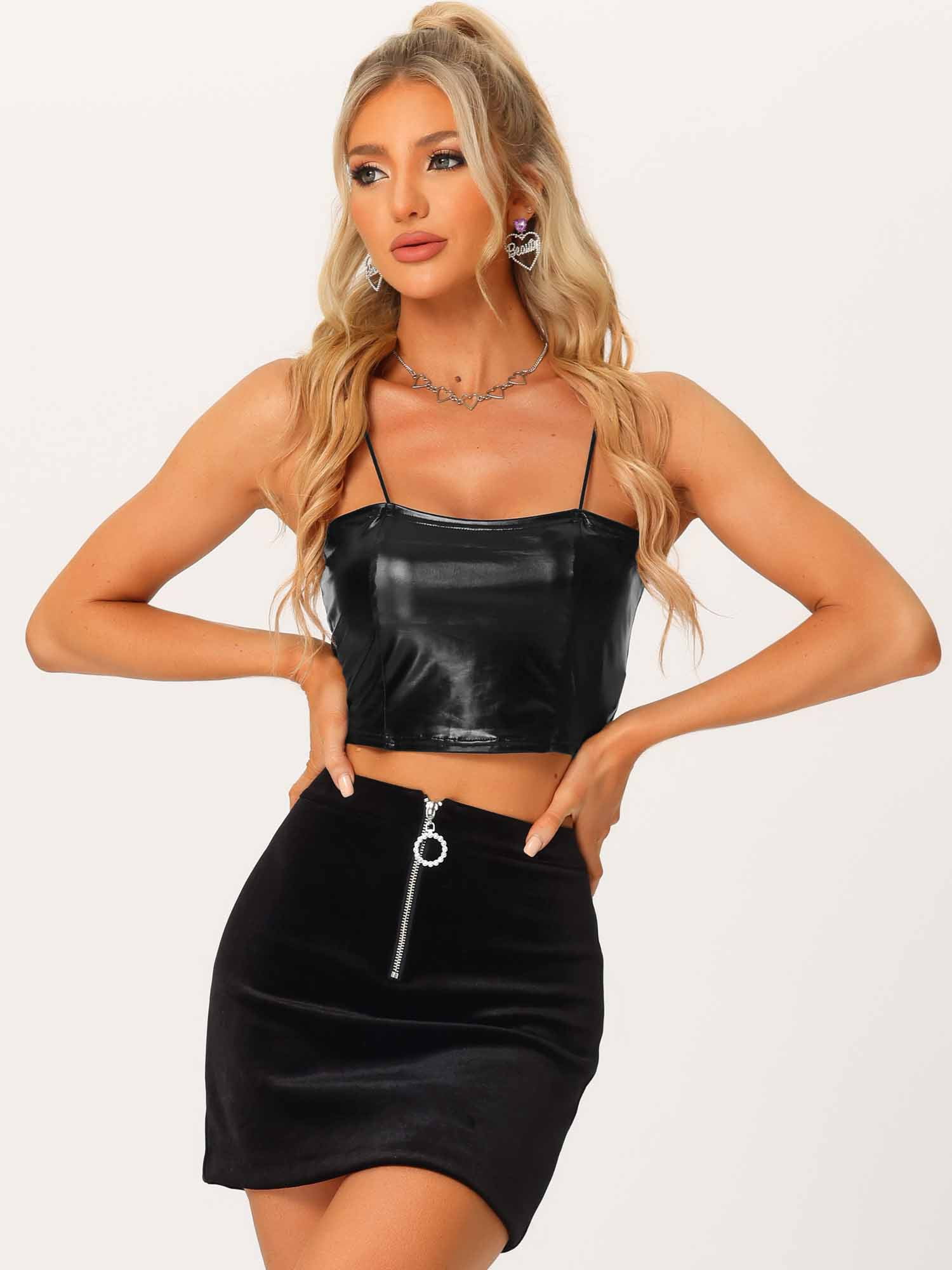 DARIGN DIVA Women's Sparkly Shiny Metallic Crop Cami Tops XS Black