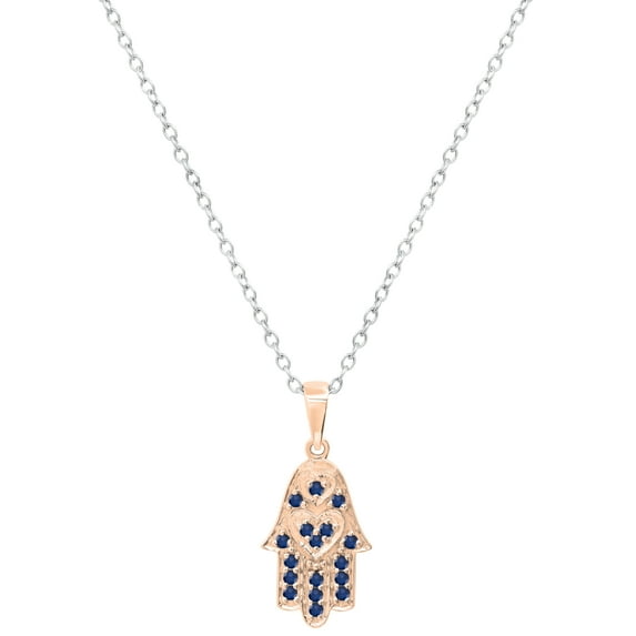 Dazzlingrock Collection Round Blue Sapphire Hamsa Hand Double Heart Dainty Pendant for Women with 18 Inch Silver Chain (Color Blue, Clarity Highly Included) in 18K Rose Gold