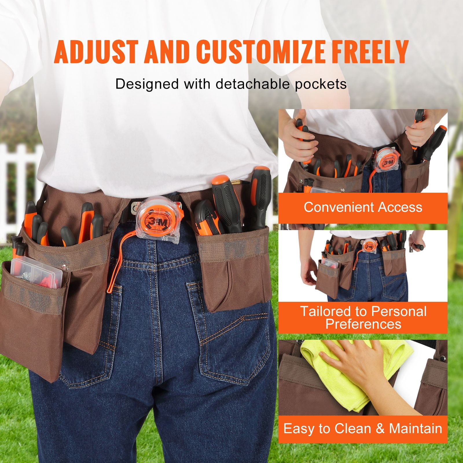 Polyester Tool Belt with Reinforced Stitching Rivets, Heavy Duty Adjustable Work Belt, Comfortable No-Itch Tool Pouch for DIY Construction Carpenter