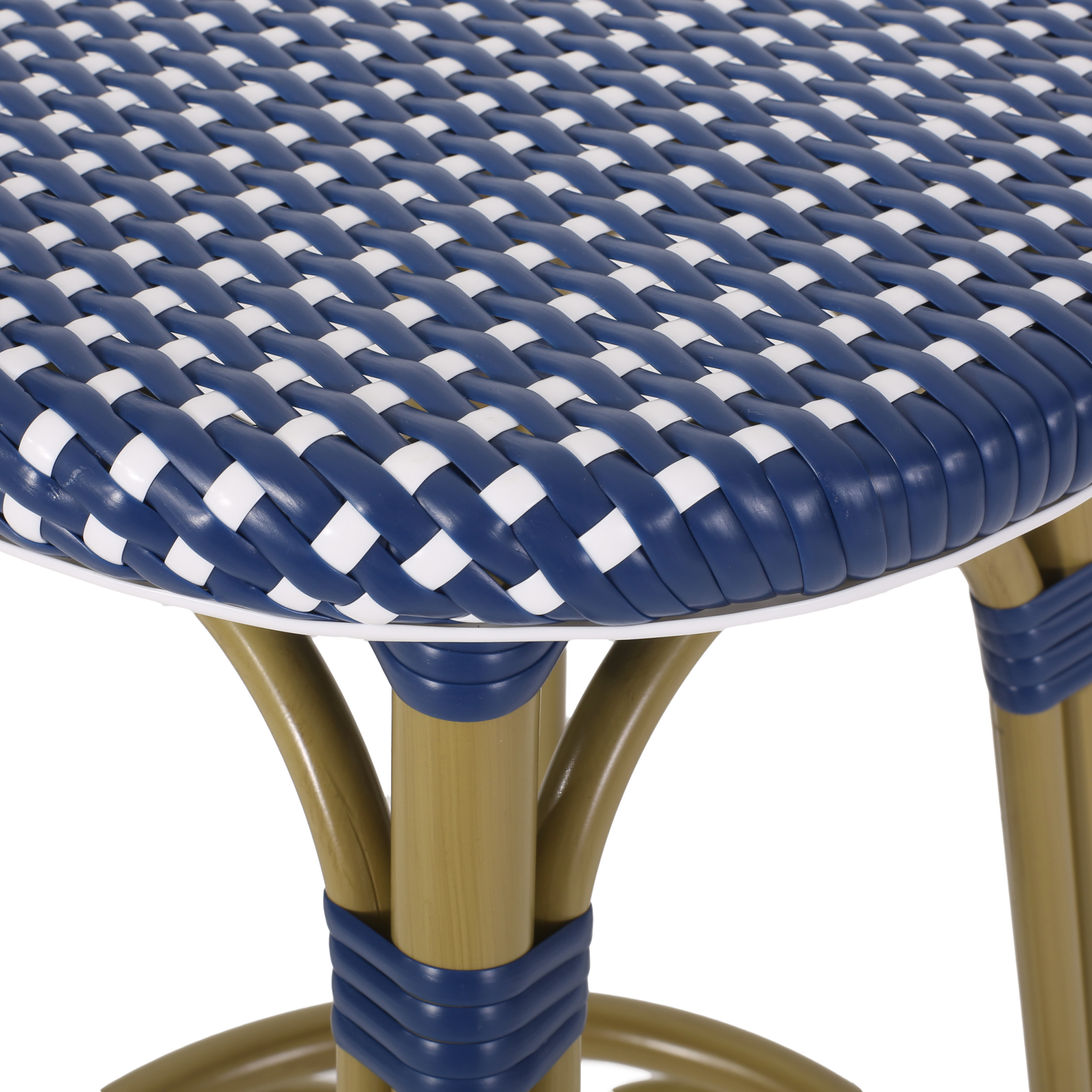 Wilbur Aluminum and Wicker Outdoor 29.5 Inch Barstools, Set of 2, Navy Blue, White, and Bamboo Finish