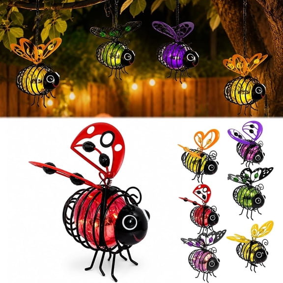 Hanging Solar Bee Light Outdoor Decor Garden Bumble Bee Gifts Cute Patio Decorations Yard Ornaments Outside Metal LED Fairy Lights with Bouncy Springs Waterproof Tree Porch Backyard Balcony(Red*1)