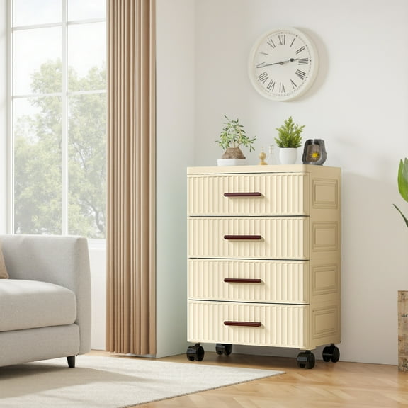 Multifunctional Drawer Storage Cabinet Bedside Table Living Room Snack Children's Toys Books Clothes Storage Cabinet Cream Color 48cm Width Primary Color Handle