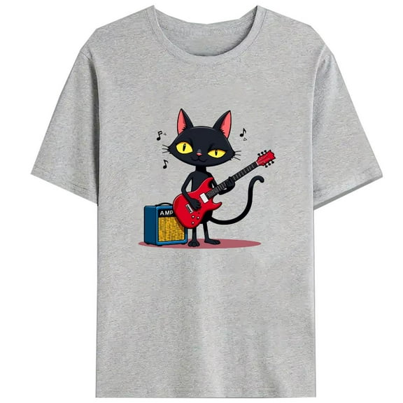Women Guitar Cat Tee Fun Graphic T Shirt Tops Music Lover Fashion Casual Short Sleeve Gray S-3XL