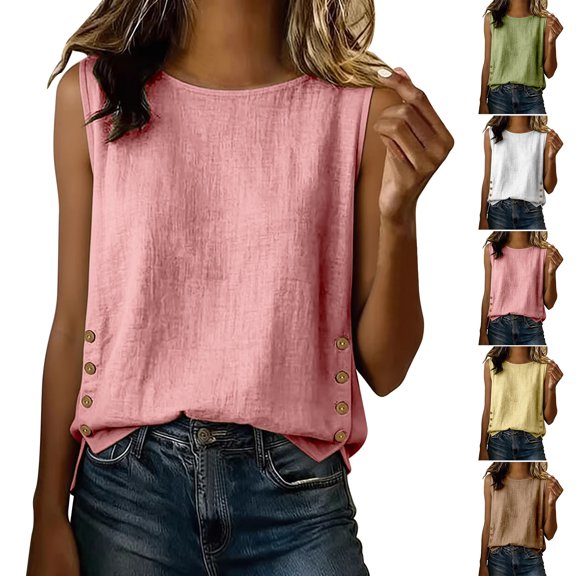 Women's Sleeveless Tank Tops Summer Cotton Linen Button Decor Side Slit Casual Loose Vests by Yigetop Green L
