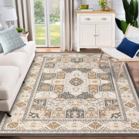 Washable Area Rug 5x7,Large Soft Rugs for Living Room,Non-Shedding Vintage Rugs for Indoor High Traffic Areas,Low Pile Non-Slip Rug for Dining Room Office