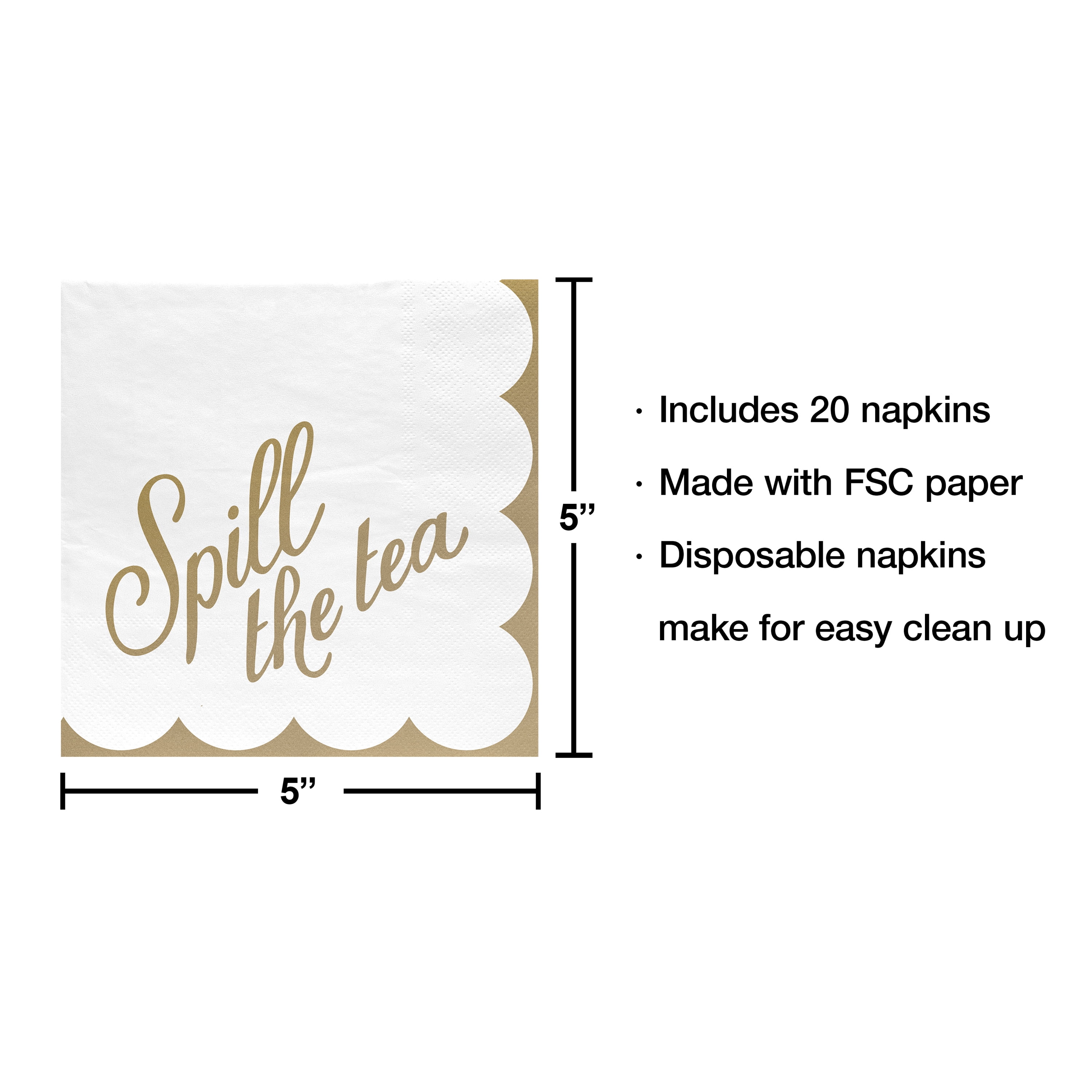 20 Count, 5IN x 5IN Disposable Tea Party Spill the Tea Napkins, Gold and White, Vintage Finds by Way to Celebrate