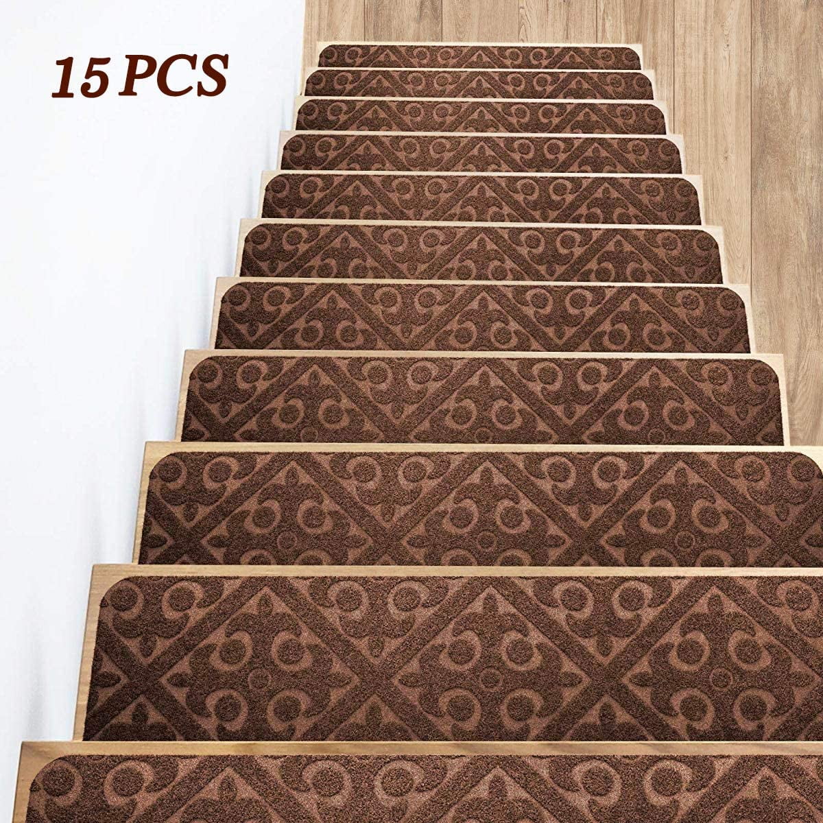DecorX 15 PCS Stair Treads Carpet Non Slip, Brown Carpet Stair Treads Indoor Outdoor Stairway ...
