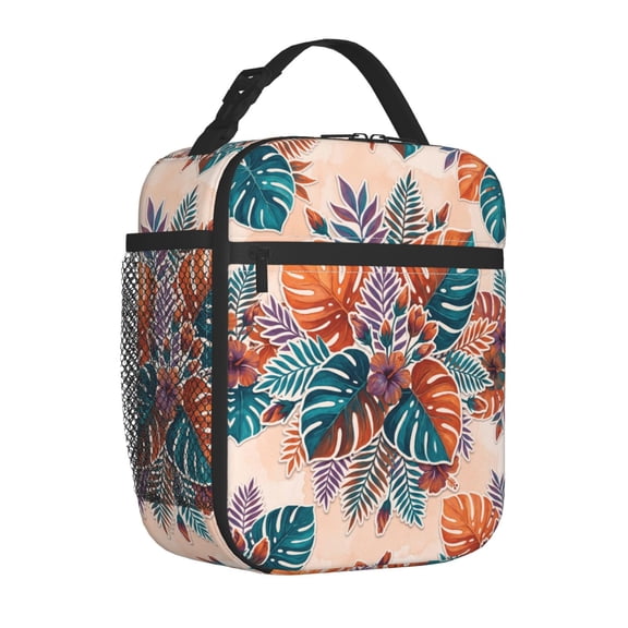 Tropical Insulated Lunch Bag Stylish Palm Leaf Reusable Cooler Tote with Front Pocket Handheld Portable Meal Prep Bag for Work Office Travel