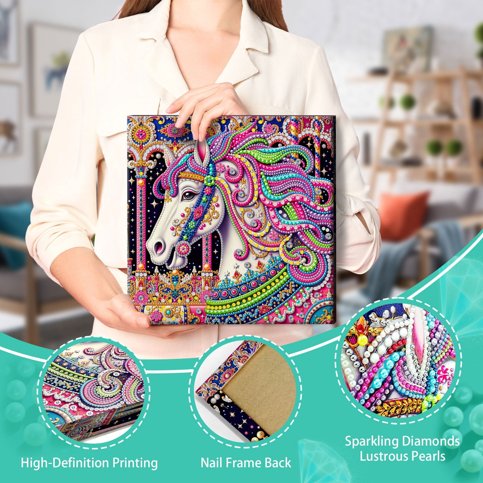 FLOPESN DIY Pearl Painting Kit with Wood Frame, 11.42x11.42 Inch Home Wall Art Decor, Mindful Adult Craft for Stress Relief and Relaxation-Horse-1
