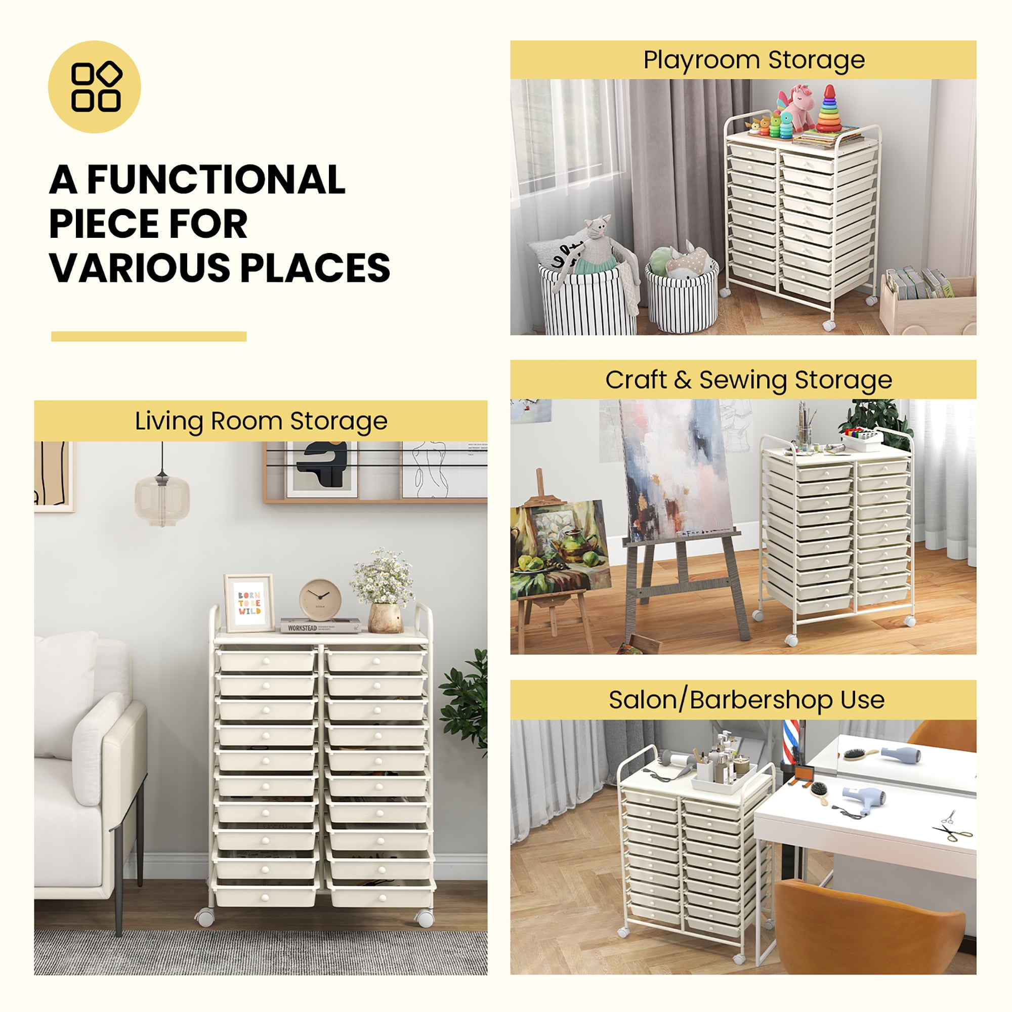 Gymax 20 Drawers Rolling Storage Cart Art Craft Organizer on Wheels Multipurpose White