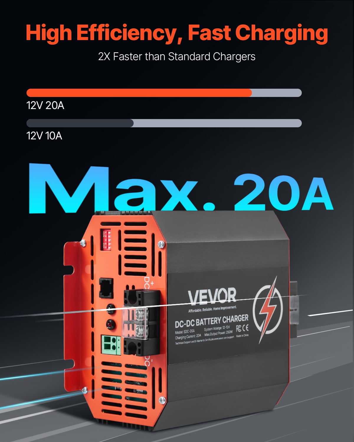 VEVOR 12V 20A DC to DC Battery Charger, 250W, On-Board Battery Charger for Lead-Acid, Lithium, AGM, GEL, and Flooded Batteries, Smart Multi-Stage Charging, for RVs, Commercial Vehicles, Boats