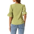 thumbnail image 3 of Blusa de chiffon semitransparente con volantes en el cuello en V y mangas de globo para mujer INSPIRE CHIC, color verde oliva, 3 of 6