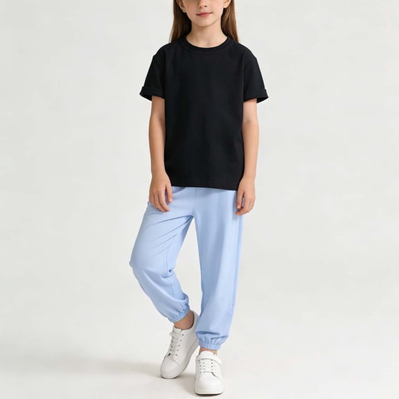Girl 2-Piece Solid Color Round Neck Short Sleeved Top, Elastic Pants, Casual Fashion Set Sizes 1-12