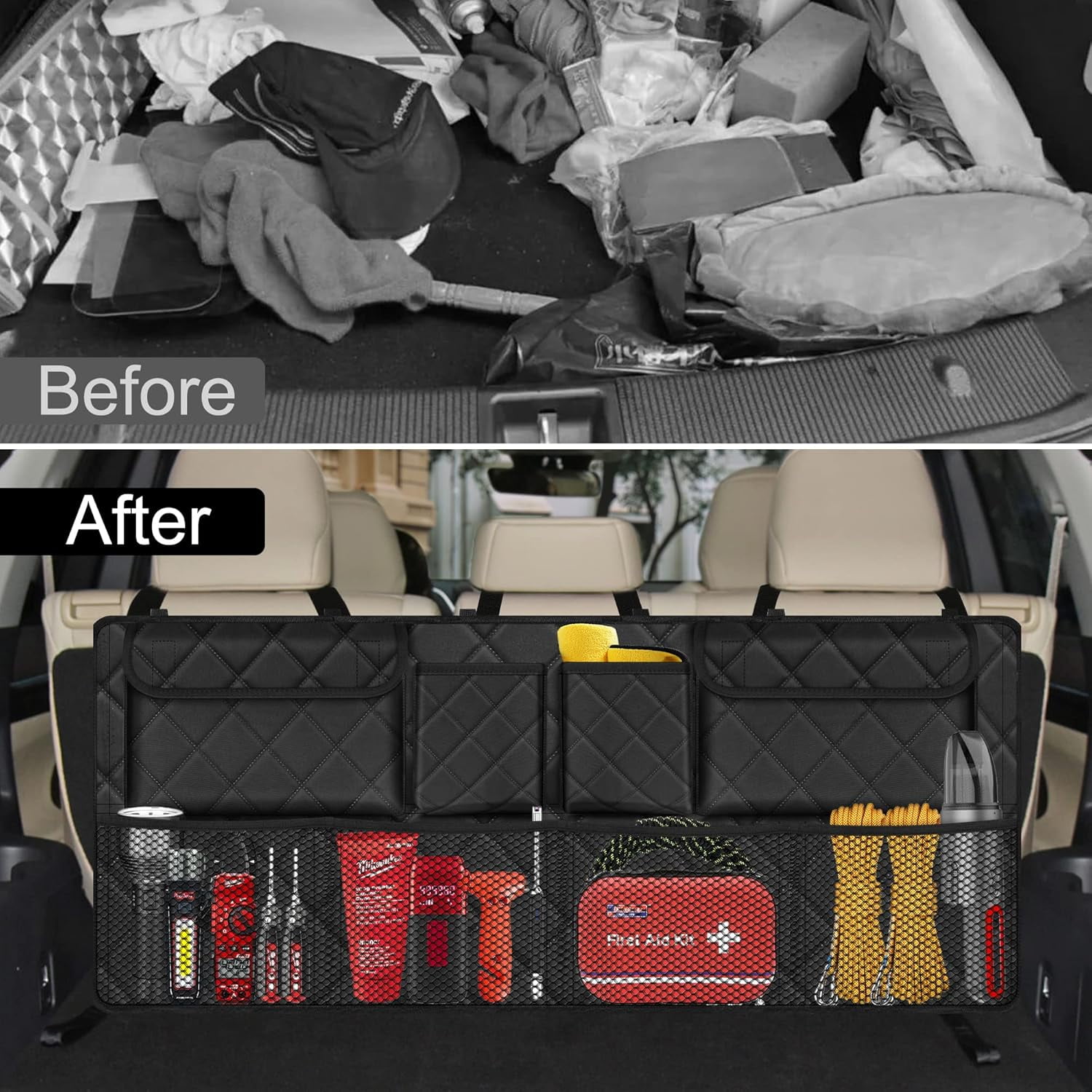 Car Trunk Organizer, Large Capacity Backseat Trunk Organizer (42"*18"), Collapsible Car Storage Bag with 8 Pockets, SUV/MPV/Truck - Black