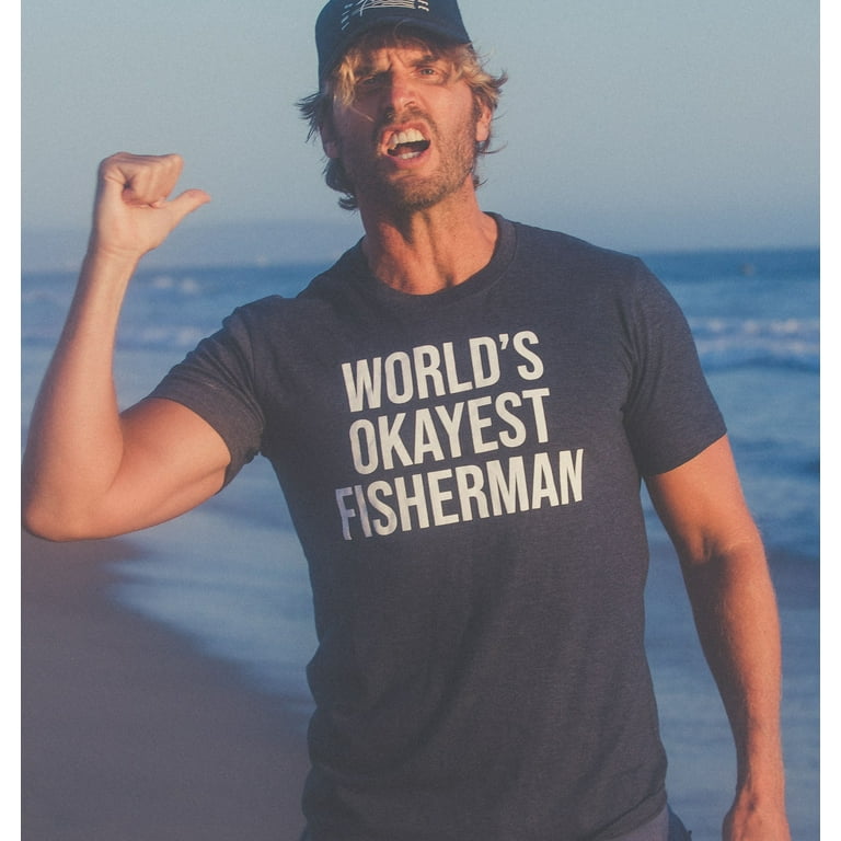 Mens Worlds Okayest Fisherman Tshirt Funny Fathers Day Fishing Tee (Heather  Navy) - S Graphic Tees 