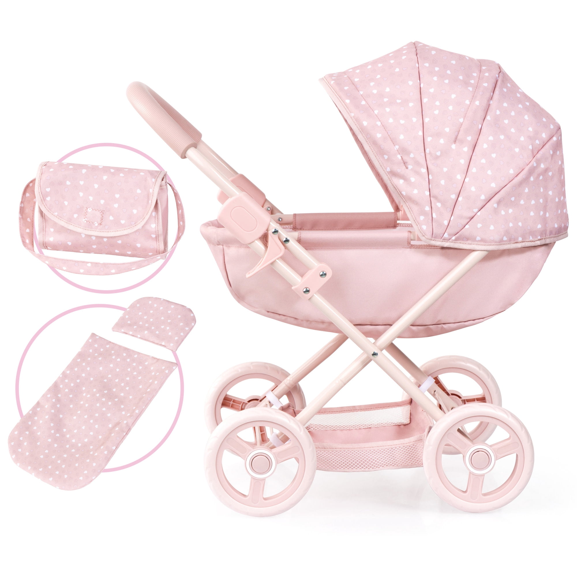 Bayer Design: Doll Pram Cosy - Soft Pink & Polka Dot - Play Push Stroller, Handbag, Blanket & Pillow, Folding, Toy Accessory Fits 18" Dolls, Kids 3+