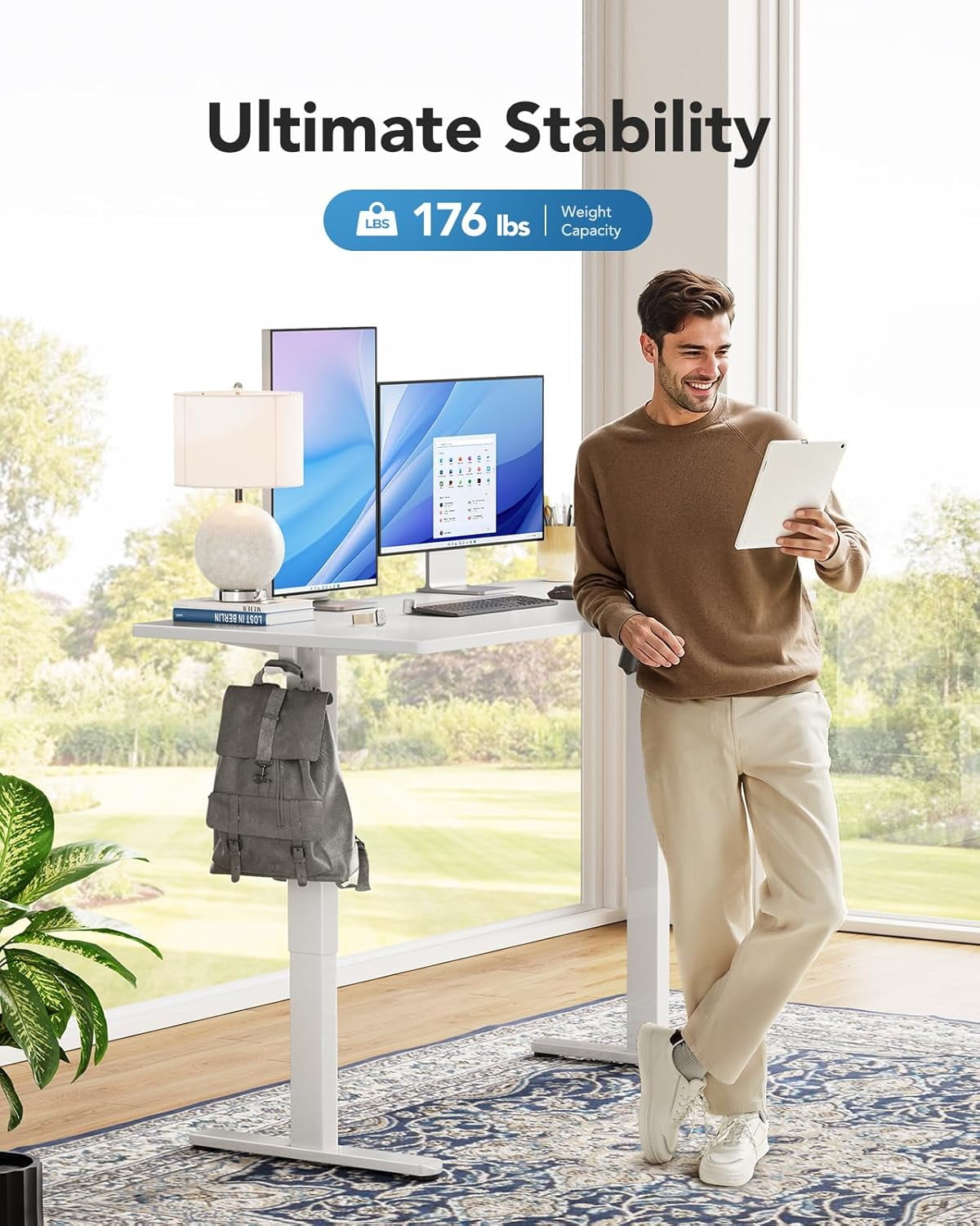 Kyspho One Piece Electric Standing Desk, 48" x 24" Height Adjustable Computer Desk with 4 Height Memory Settings, Sit Stand up Desk for Home Office, White