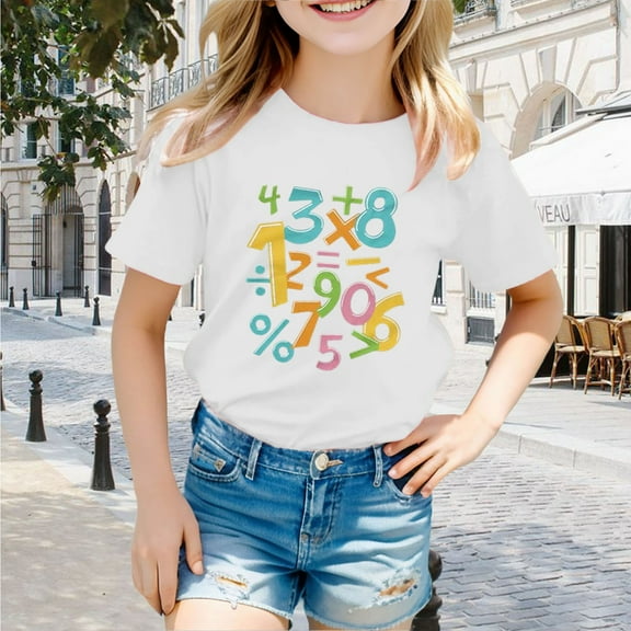 Girls Casual Math Print T-Shirt Educational Graphic Tee For Everyday Wear Short Sleeve Shirt for Girls Tees Kids Tshirts Clothes Summer Tops T-Shirt