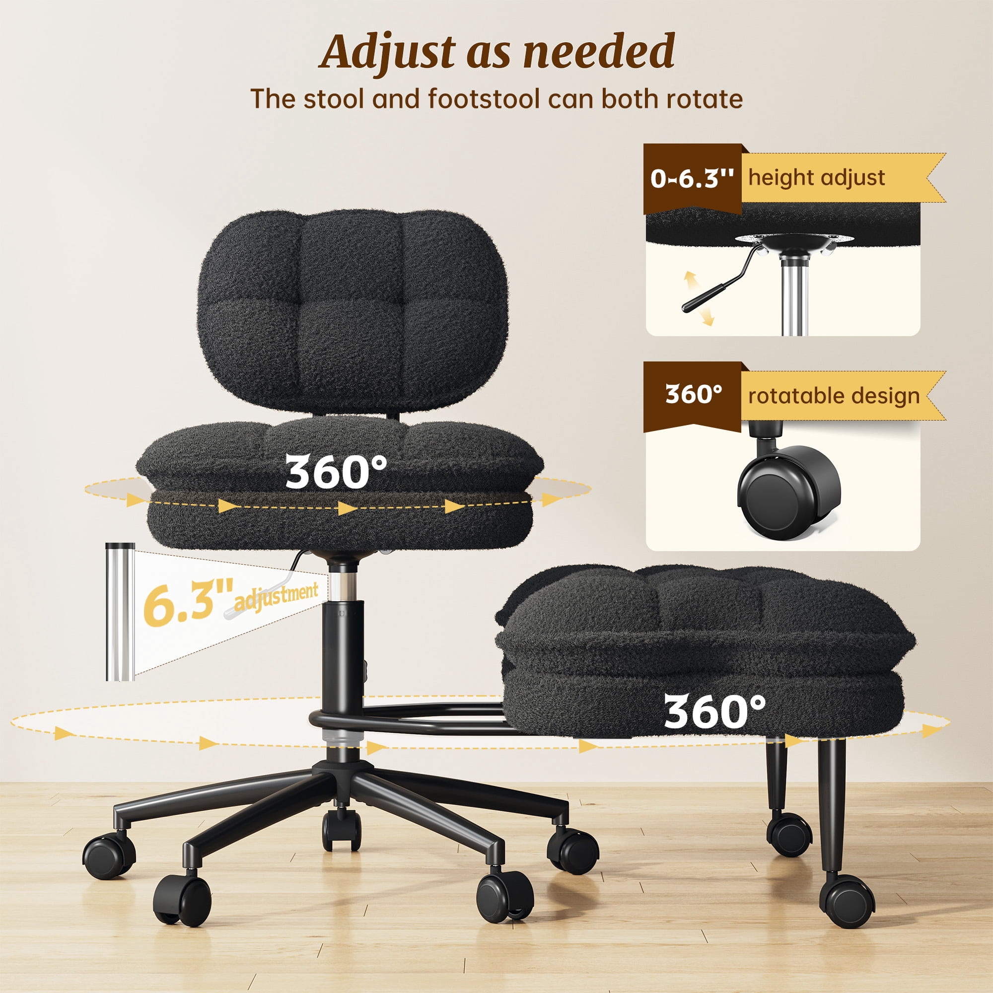 Romorgniz Ergonomic Cross Legged Office Chair 360° Swivel Meditation Chair with Wheels, Kneeling Desk Chair with Height Adjustable Seat, Black
