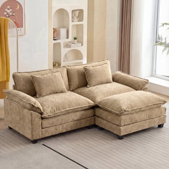 IPKIG 3-Seat Sectional Sofa Sleeper with 2 Ottomans, Modern Convertible Cloud Couch for Living Room in Soft Chenille Fabric (Khaki)
