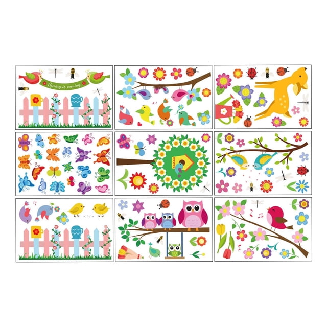 9 hojas de pegatinas para ventana, calcomanías, mariposa, flor, pájaro, , rama de primavera, decoración de pared, palo estático para la escuela d