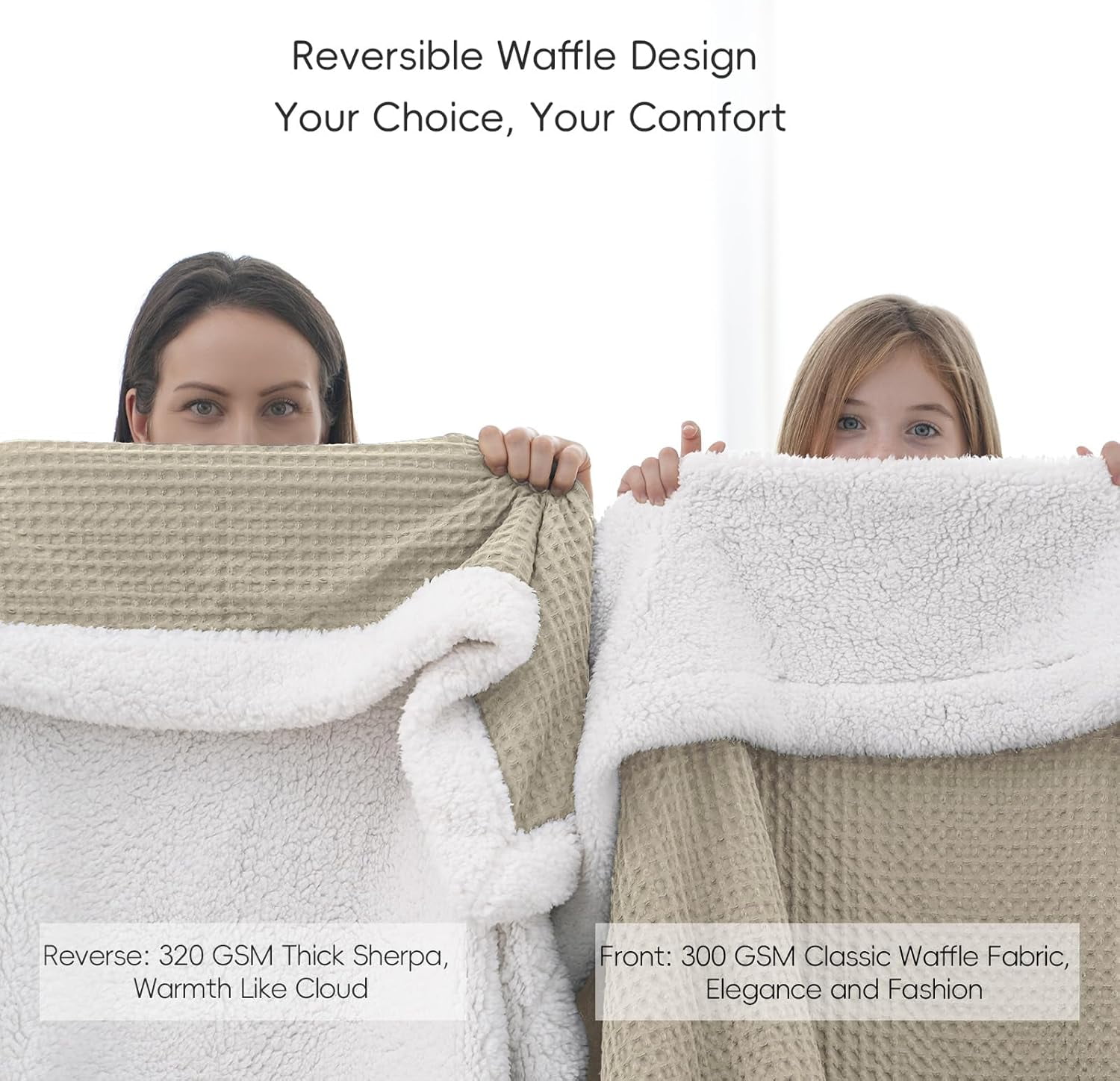 PHF Waffle Sherpa Bed Blanket Twin Size, Cozy Warm Reversible Plush Flannel Blanket for Winter, 60" x 80", Khaki