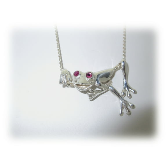 Sterling Frog Necklace Ruby .44 ctw Eyes Custom Solid Silver 25 "
