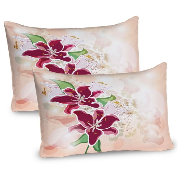 Ambesonne Floral Pillow Sham 2 Pack, Botanical Pastel Tone Lilies, 26"x20", Peach Maroon and Green