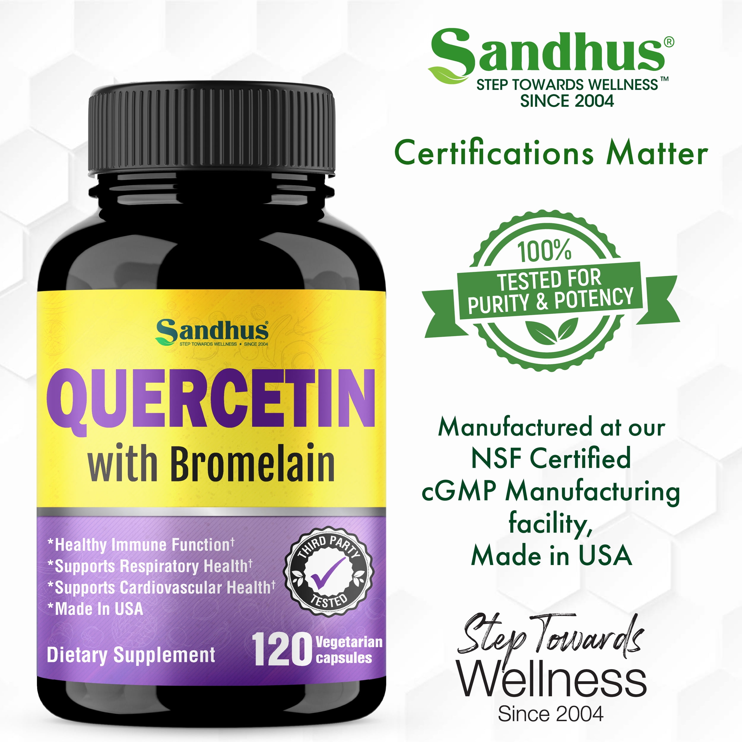 Sandhu's Quercetin 800mg with Bromelain, for Immune and Respiratory Health Support, 120 Capsules-2 Pack
