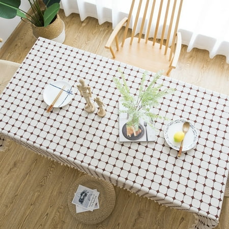 

SIELUNO Rectangular Tablecloth Cotton Linen Plaid Tablecloth with Tassel Elegant Table Cover for Living Room