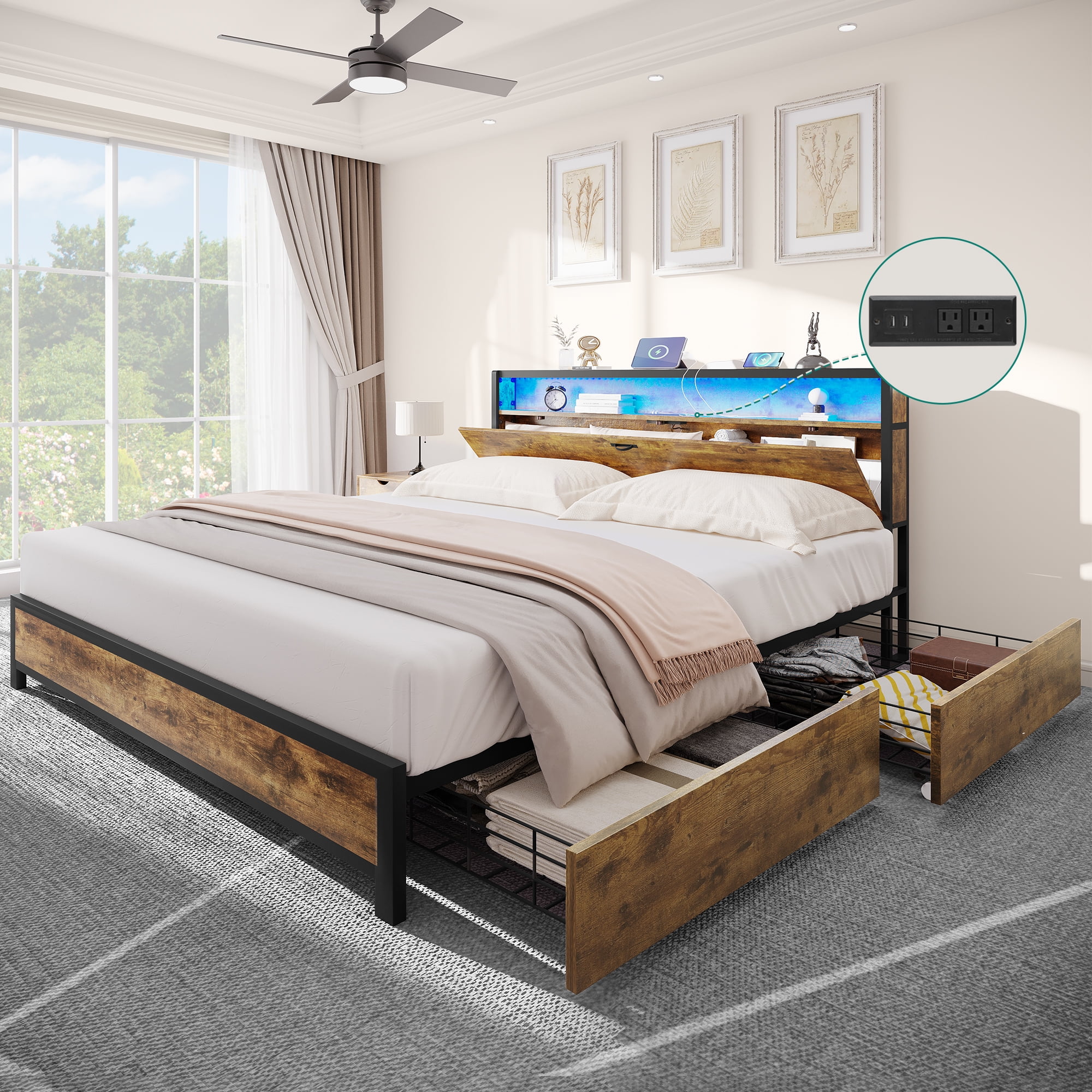 Dextrus Queen Size Bed Frame, LED Bed Frame with 4 Drawers & Charging ...