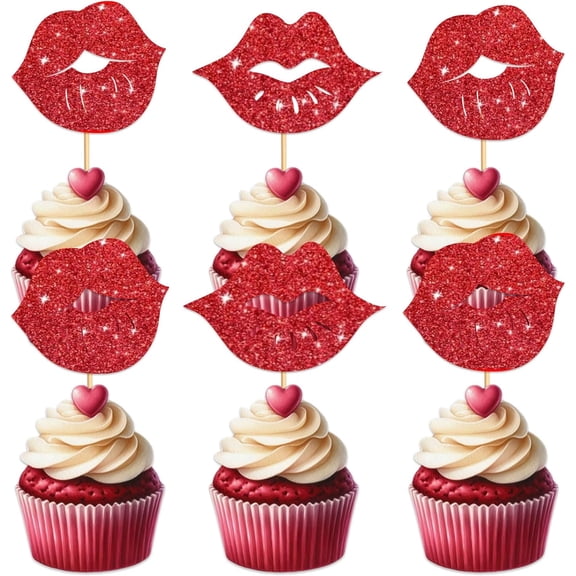 Big Lip Cupcake Topper for Bachelorette Bridal Shower Theme Party Favors Decorations Women Lady Girls Birthday Girls' Night Out Happy Birthday Party Decor Supplies set 10pcs Red Glitter