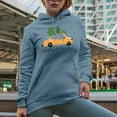 thumbnail image 2 of Jingle All the Way with Hand Drawn Christmas Tree on Top of a Yellow Car Art Merch Gift, Light Blue Hooded Sweatshirt or Hoodie, Small, 2 of 5