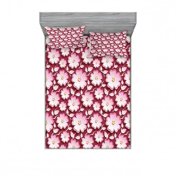 Floral Bedding Set with Sheet & Covers, Macro Flower Petal of Japanese Cherry Blossom Sakura Tree Spring Theme, Printed Bedroom Decor 2 Shams, 4 Sizes, Pale Pink Maroon Yellow, by Ambesonne