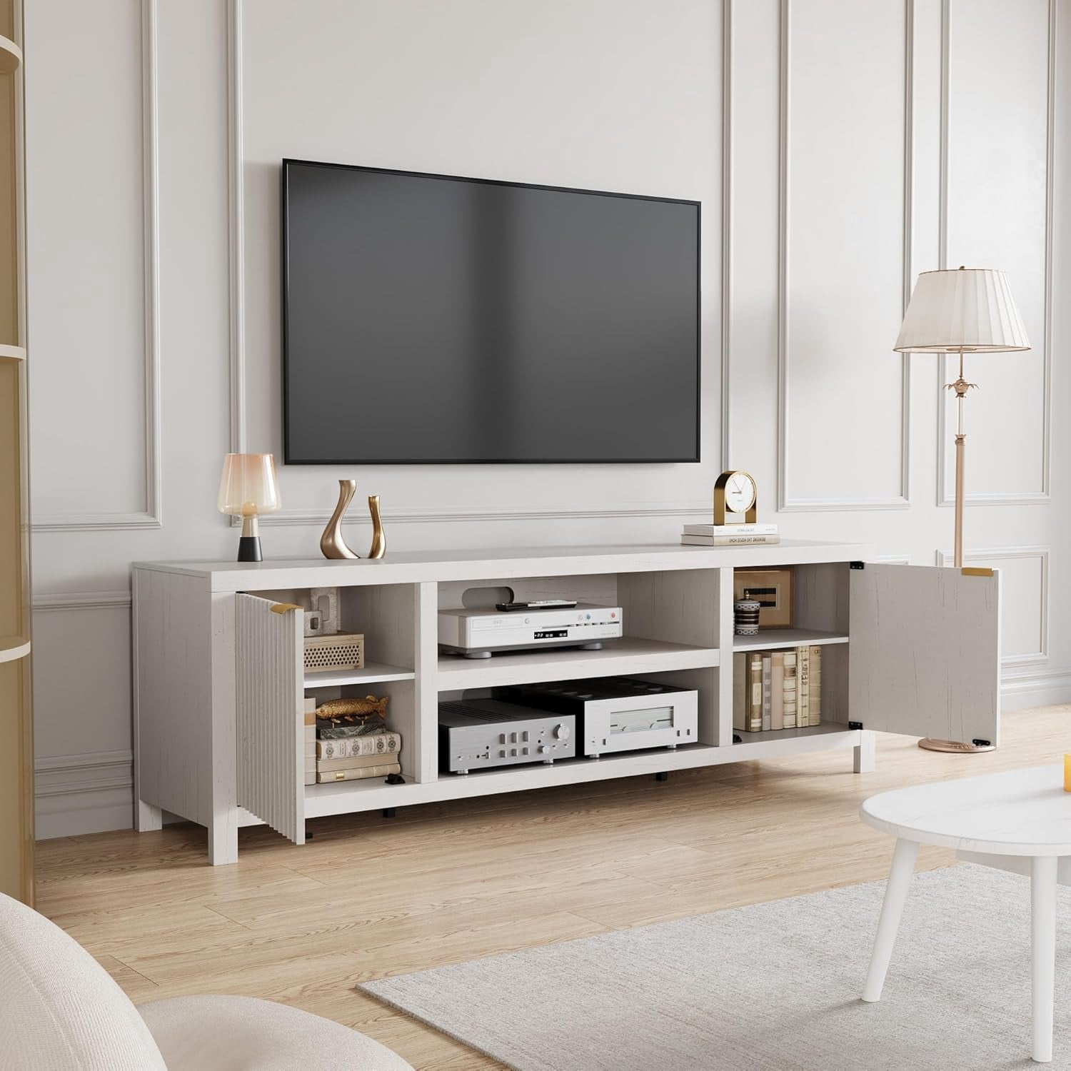 Garvee Fluted TV Stand for 80 Inch TV, Modern Entertainment Center with Storage, Media Console with Gold Handles & Fluted Doors, White