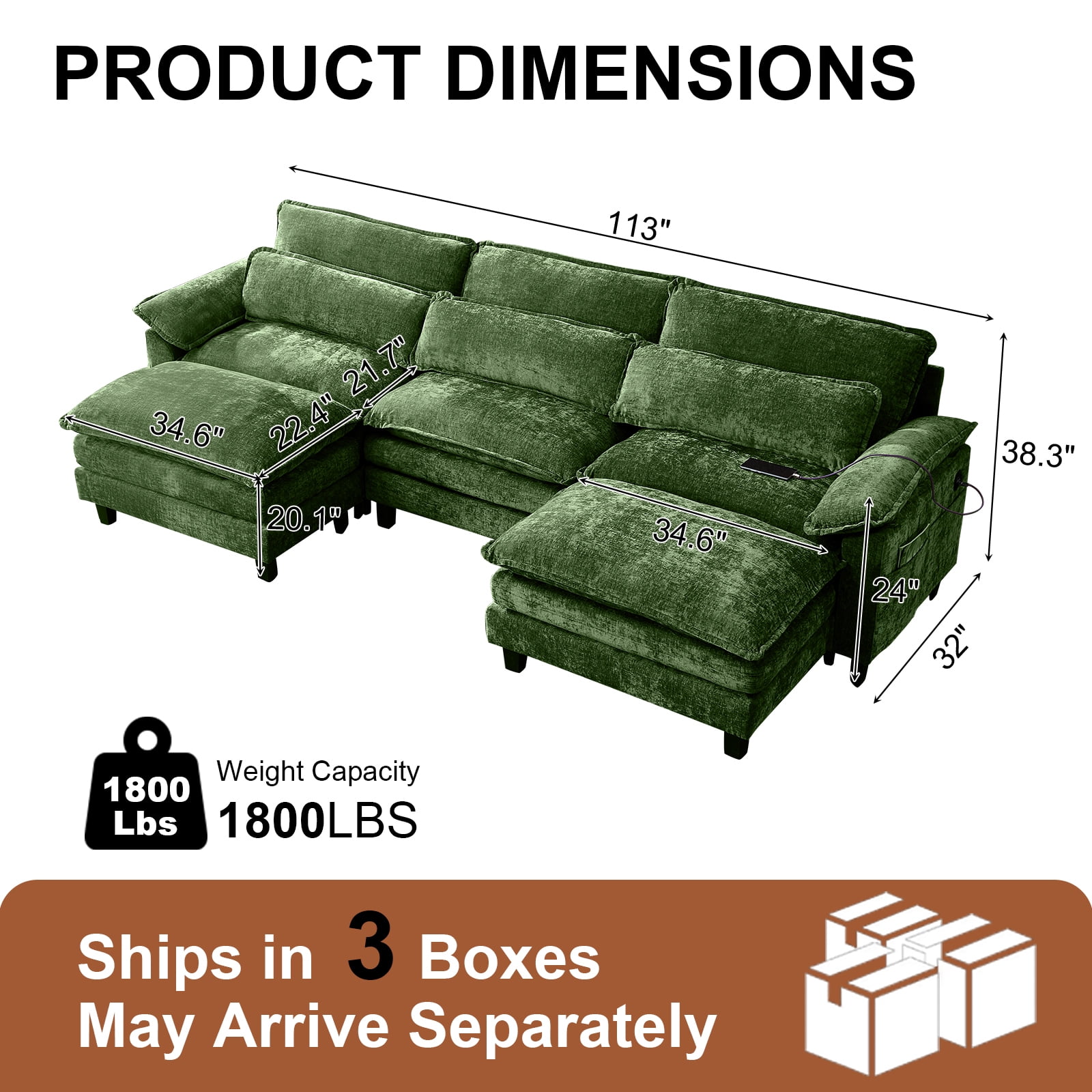 Howcool 113" Modular Sectional Sofa with Movable Ottomans, U Shaped Comfy Cloud Couch, Deep Seat 3-Seat Convertible Sofa, USB Ports & Side Pockets, Chenille Fabric,Green