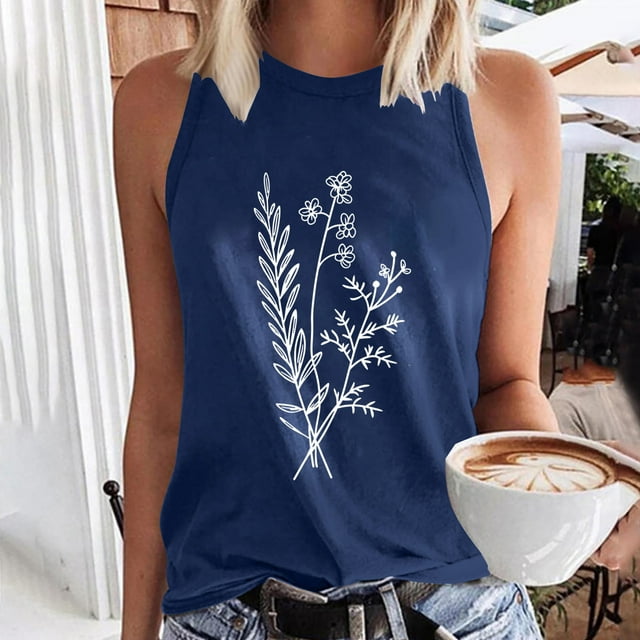 Sentmoon Hauts Grande Taille pour Femmes Col Rond Débardeurs pour Femmes Coupe Ample Imprimé Floral Sans Manches Tenues de Printemps 2025 Été Décontracté Femmes pour Brunch de Fin de Semaine Bleu Marine P