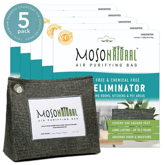 MOSO NATURAL: The Original Air Purifying Bag. 600g Stand Up Design (5 Pack). For Kitchen, Basement, Family Room. An Unscented, Chemical-Free Odor Eliminator