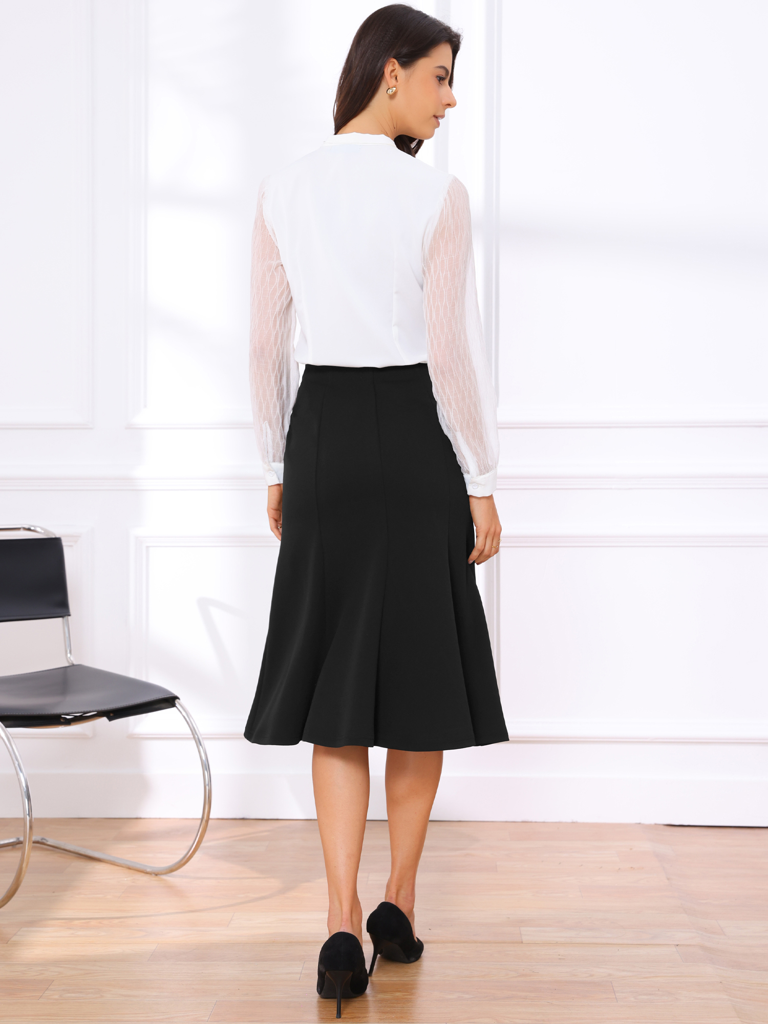 DARING DIVA Women's High Waisted Business Fishtail Midi Skirt XS Black