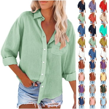 Fatuov Button Up Shirts for Women Clearance Cotton Linen Casual Tops Long Sleeve Button Down Blouses Sexy Solid Color Turn-down Collar Tops Green