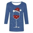 thumbnail image 4 of Hauts de Printemps pour Femmes Noël Verre de Vin Rouge Imprimé Col Rond Manches Trois Quarts T-Shirts Surdimensionnés pour Femmes Bleu TG, 4 of 4
