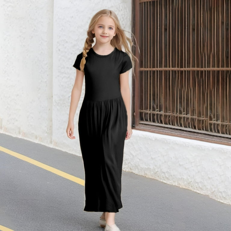 Fhsagq Dress Girls Easter Dresses Size 12-14 Formal Girl's Short Sleeve Solid Color Loose Casual Long Maxi Dress with Pockets Girls Easter Dresses