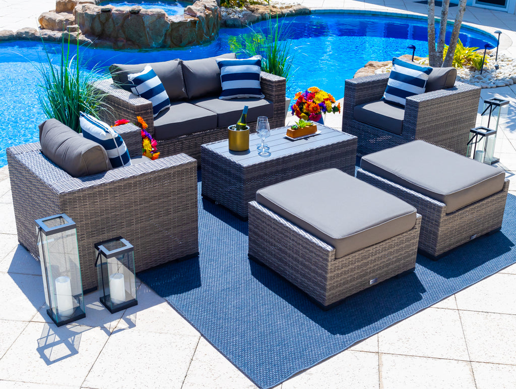 Sorrento 6-Piece M Resin Wicker Outdoor Patio Furniture Lounge Sofa Set in Gray w/ Loveseat, Two Armchairs, Two Ottomans, and Coffee Table (Flat-Weave Gray Wicker, Sunbrella Canvas Charcoal) - image 1 of 3