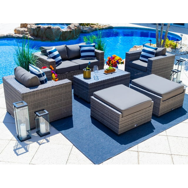 Sorrento 6-Piece M Resin Wicker Outdoor Patio Furniture Lounge Sofa Set in Gray w/ Loveseat, Two Armchairs, Two Ottomans, and Coffee Table (Flat-Weave Gray Wicker, Sunbrella Canvas Charcoal)