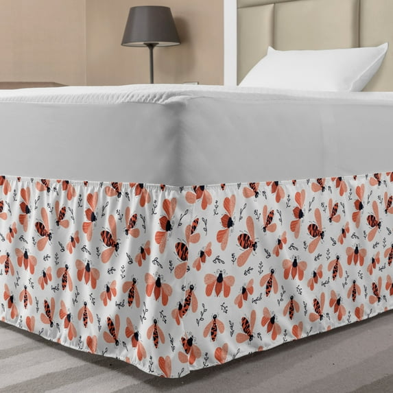 Insects Bed Skirt, Bicolour Repeating Pattern with Leafy Branches and Bugs, Elastic Bedskirt Dust Ruffle Wrap Around for Bedding Decor, 4 Sizes, Burnt Sienna Night Blue, by Ambesonne